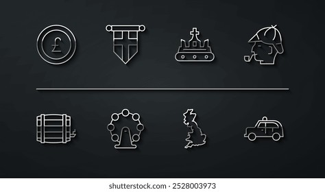 Moneda con libra, barril de madera, Sherlock Holmes, mapa de Inglaterra, ojo de Londres, banderín de la bandera, coche de taxi y el icono de la corona británica. Vector