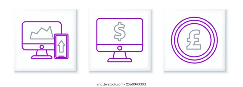 Set line Coin money with pound sterling symbol, Financial chart or graph the computer monitor and mobile phone and Computer dollar icon. Vector