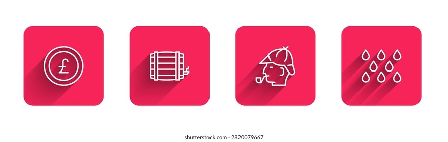 Set line Coin money with pound, Wooden barrel, Sherlock Holmes and Water drop with long shadow. Red square button. Vector