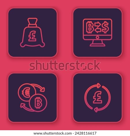 Set line Coin money with pound, Cryptocurrency exchange,  and . Blue square button. Vector