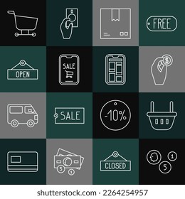 Set line Coin money, Shopping basket, Hand holding coin, Cardboard box with traffic symbol, Mobile phone shopping cart, Hanging sign Open,  and Online icon. Vector