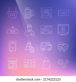 Set line Coin money, Stacks paper cash, Shopping cart computer, Search browser window, Seller, Hanging sign with Open, basket and Warranty certificate template icon. Vector