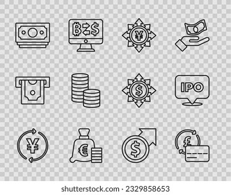 Set line Coin money with Yen, Credit card, euro symbol, Stacks paper cash, dollar, Financial growth and and IPO icon. Vector