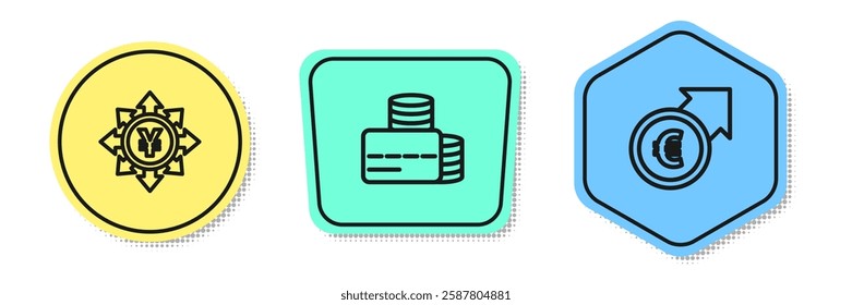 Set line Coin money with Yen, Credit card and Financial growth and euro. Colored shapes. Vector