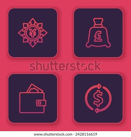 Set line Coin money with Yen, Wallet, pound and Financial growth and dollar. Blue square button. Vector