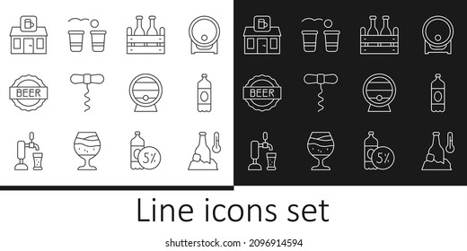 Set Linie Kaltes Bierflasche, Plastik, Flaschentasche, Weinkorkenzieher, Flaschenkappe mit, Lagerwerkstatt, Holzfass auf dem Rack und Bierpong-Ikone. Vektorgrafik