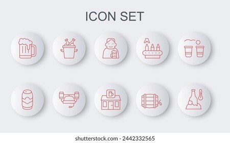 Set line Cold beer bottle, Beer can, Happy man with, Wooden barrel on rack, mug, bottles in ice bucket, helmet and Store building of shop icon. Vector