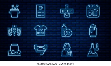 Set line Cold beer bottle, Beer can with foam, T-shirt, Wheat, bottles in ice bucket,  and menu icon. Vector