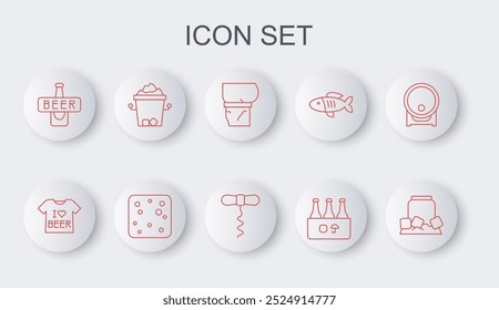 Set line Cold beer can, Beer T-shirt, belly, Pack of bottles, Ice bucket, bubbles and Wine corkscrew icon. Vector