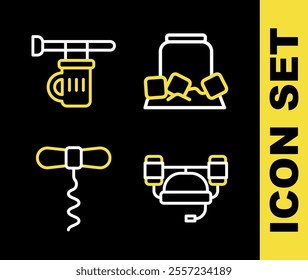 Set line Cold beer can, Beer helmet, Wine corkscrew and Signboard with glass of icon. Vector