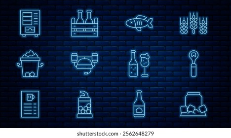 Set line Cold beer can, Bottle opener, Dried fish, Beer helmet, Ice bucket, Vending machine, bottle and glass and Pack of bottles icon. Vector