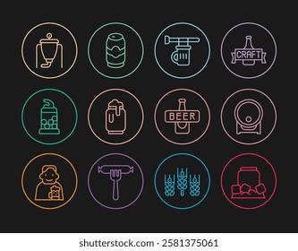 Set line Cold beer can, Wooden barrel on rack, Signboard with glass of, Beer foam, Bottle opener, brewing process, bottle and  icon. Vector