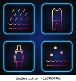 Set line Cold and waves, Carabiner, Rain and waves and Wetsuit for scuba diving. Gradient color icons. Vector