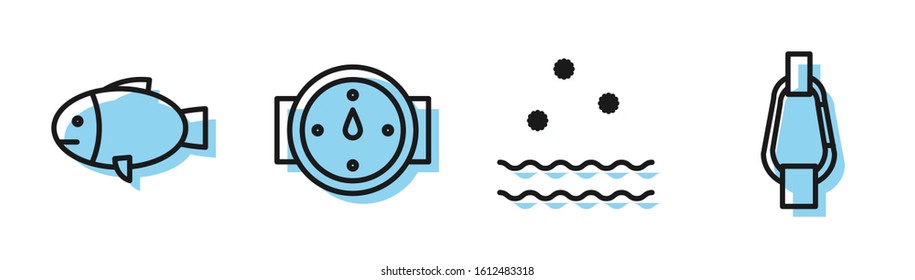 Set line Cold and waves, Fish, Wind rose and Carabiner icon. Vector