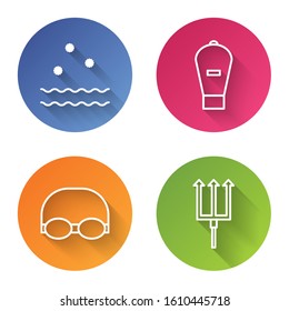 Set line Cold and waves, Lift bag, Glasses and cap for swimming and Neptune Trident. Color circle button. Vector