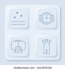 Set line Cold and waves, Wind rose, Diving mask and Wetsuit for scuba diving. White square button. Vector