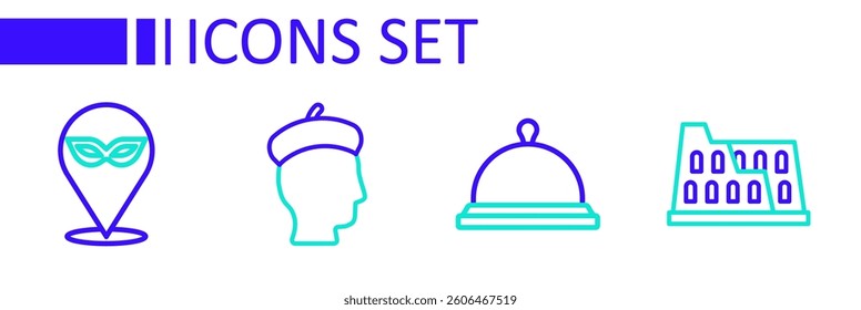 Set line Coliseum, Covered with tray of food, French man and Carnival mask icon. Vector