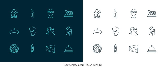 Set line Coliseum, French baguette bread, Wine glass, Cheese, Italian cook, Carnival mask, Pope hat and Bottle of wine icon. Vector