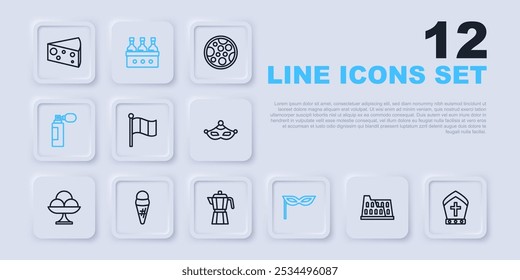 Set line Coliseum, Pope hat, Flag Italy, Carnival mask, Perfume, Ice cream in waffle, Bottles of wine and Coffee maker moca pot icon. Vector