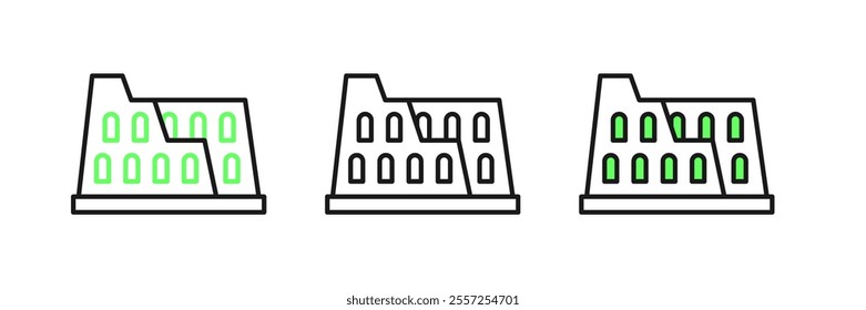 Set line Coliseum in Rome, Italy icon isolated on white background. Colosseum sign. Symbol of Ancient Rome, gladiator fights.  Vector