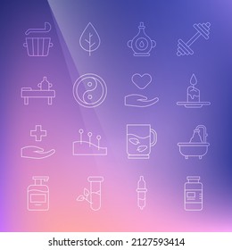 Set line Collagen serum, Bathtub, Aroma candle, Oil bottle, Yin Yang, Massage table with oil, Sauna bucket ladle and Heart hand icon. Vector