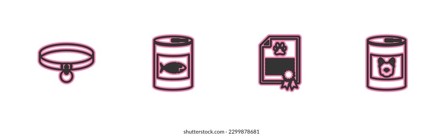 Set line Collar, Certificate for dog or cat, Canned food and  icon. Vector