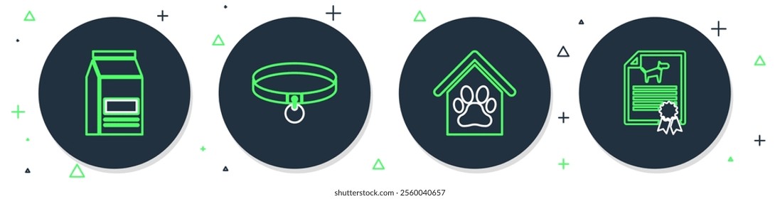 Set line Collar, Dog house and paw print pet, Bag of food and Certificate for dog or cat icon. Vector