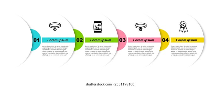 Set line Collar and heart, Bag of food for dog, Cat collar and Dog award symbol. Business infographic template. Vector