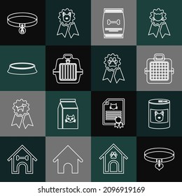 Set line Collar and heart, Canned food for dog, Pet carry case, Bag of pet, bowl, with name tag and award symbol icon. Vector