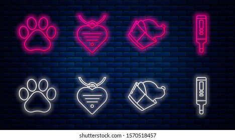 Set line Collar with name tag and heart, Veterinary clinic symbol, Paw print and Medical digital thermometer. Glowing neon icon on brick wall. Vector