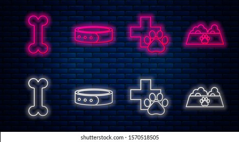 Set line Collar with name tag, Veterinary clinic symbol, Dog bone and Pet food bowl for cat or dog. Glowing neon icon on brick wall. Vector