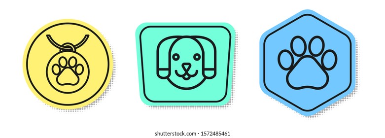 Set line Collar with name tag, Dog and Paw print. Colored shapes. Vector