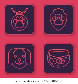 Set line Collar with name tag, Dog, Animal health insurance and Aquarium with fish. Blue square button. Vector