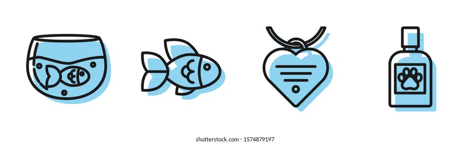 Set line Collar with name tag and heart, Aquarium with fish, Fish and Dog medicine bottle icon. Vector