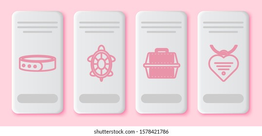 Set line Collar with name tag, Turtle, Pet carry case and Collar with name tag and heart. White rectangle button. Vector
