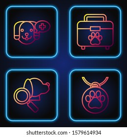 Set line Collar with name tag, Veterinary clinic symbol, Veterinary clinic symbol and Pet first aid kit. Gradient color icons. Vector