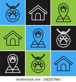 Set line Collar with name tag, Map pointer with veterinary medicine hospital and Dog house icon. Vector