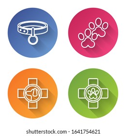 Set line Collar with name tag, Paw print, Veterinary clinic symbol and Veterinary clinic symbol. Color circle button. Vector