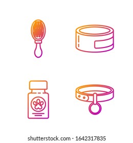Set line Collar with name tag, Dog medicine bottle and pills, Hair brush for dog and cat and Canned food. Gradient color icons. Vector