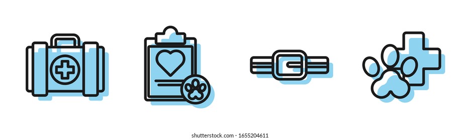 Set line Collar with name tag, Pet first aid kit, Clipboard with medical clinical record pet and Veterinary clinic symbol icon. Vector