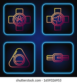 Set line Collar with name tag, Pet bed, Veterinary clinic symbol and Veterinary clinic symbol. Gradient color icons. Vector