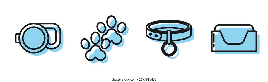 Set line Collar with name tag, Retractable cord leash, Paw print and Pet bed icon. Vector