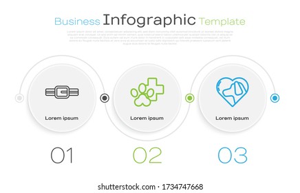 Set line Collar with name tag, Veterinary clinic symbol and Heart with dog. Business infographic template. Vector