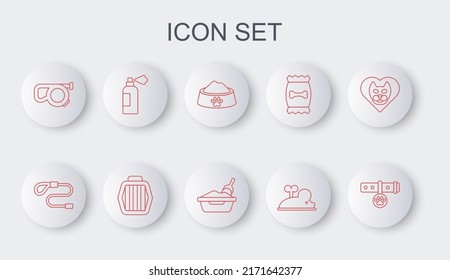 Set line Collar with name tag, Retractable cord leash, Pet food bowl, Clockwork mouse, shampoo, carry case and Cat litter tray shovel icon. Vector