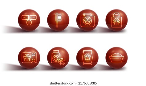 Set line Collar with name tag, Veterinary clinic, Shopping bag pet, Bag of food, Pets vial medical, bowl and first aid kit icon. Vector