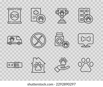 Set line Collar with name tag, Paw print, Pet award, house, Canned food, Anti worms parasite, Hands animals footprint and Dog bone icon. Vector