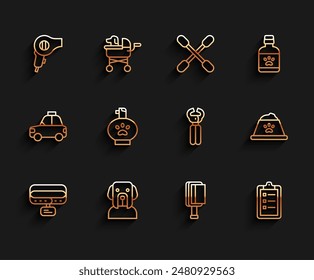 Set line Collar with name tag, Dog, Hair dryer, brush for dog and cat, Grooming salon price list, Pet shampoo, food bowl and nail clippers icon. Vector