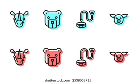 Set line Collar with name tag, Rhinoceros, Bear head and Pig icon. Vector