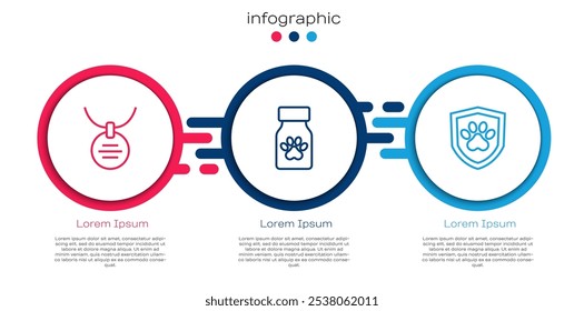 Set line Collar with name tag, Medicine bottle and pills and Animal health insurance. Business infographic template. Vector