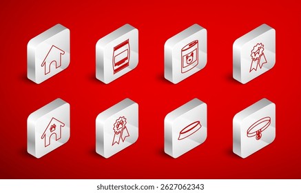 Set line Collar with name tag, Bag of food, Canned for dog, Dog award symbol, Pet bowl, house,  and and paw print pet icon. Vector